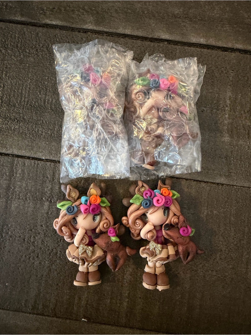 Set of 4 Handmade Clay Dolls with Reindeer